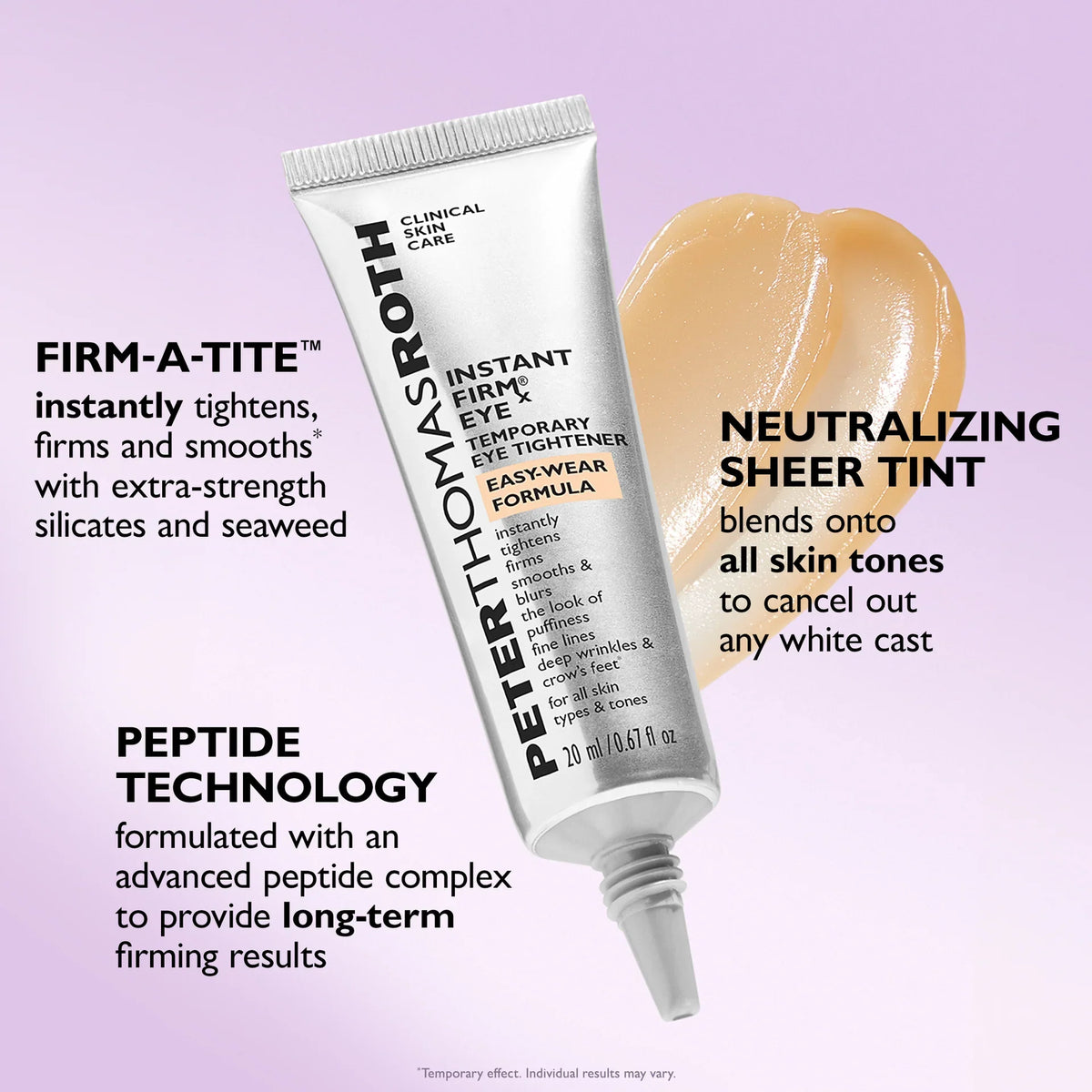 Highlighted ingredients infographic featuring Firm-A-Tite technology, iron oxides tint, and peptide complex