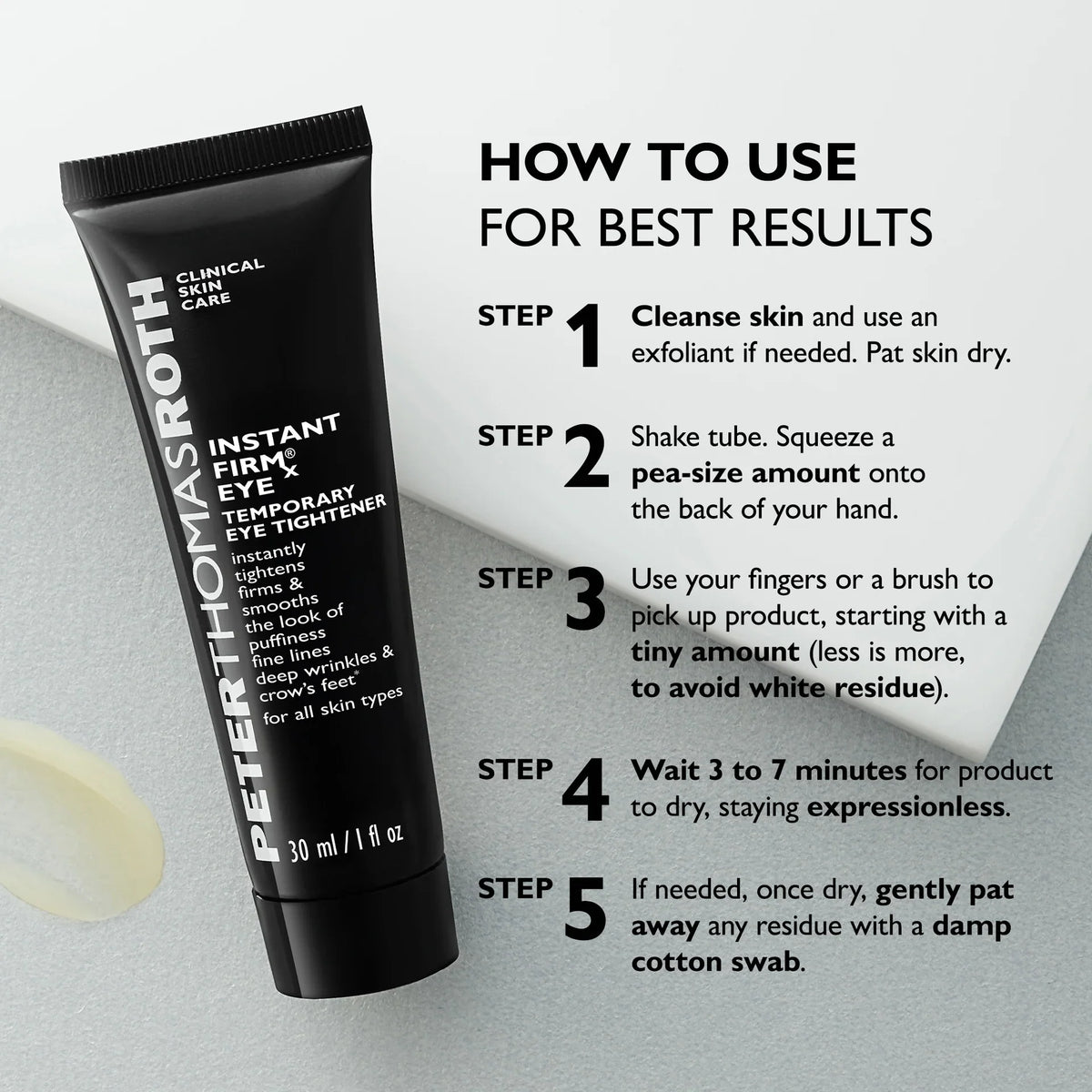 Squeeze pea-size amount on hand and apply tiny amount under eyes instruction chart