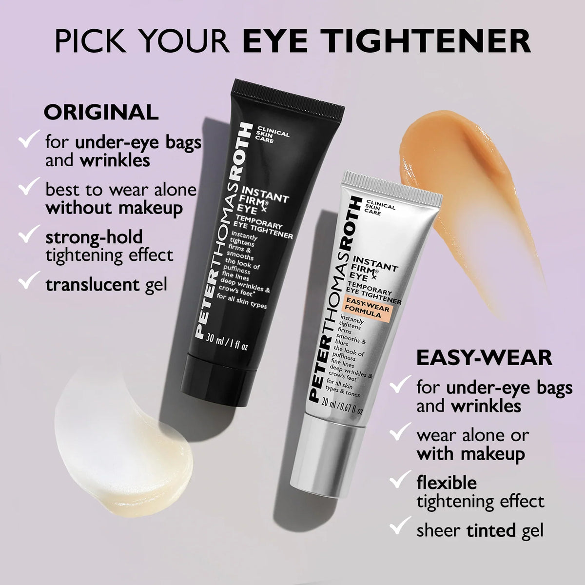 Eye tightener comparison table between original formula and Easy-Wear formula