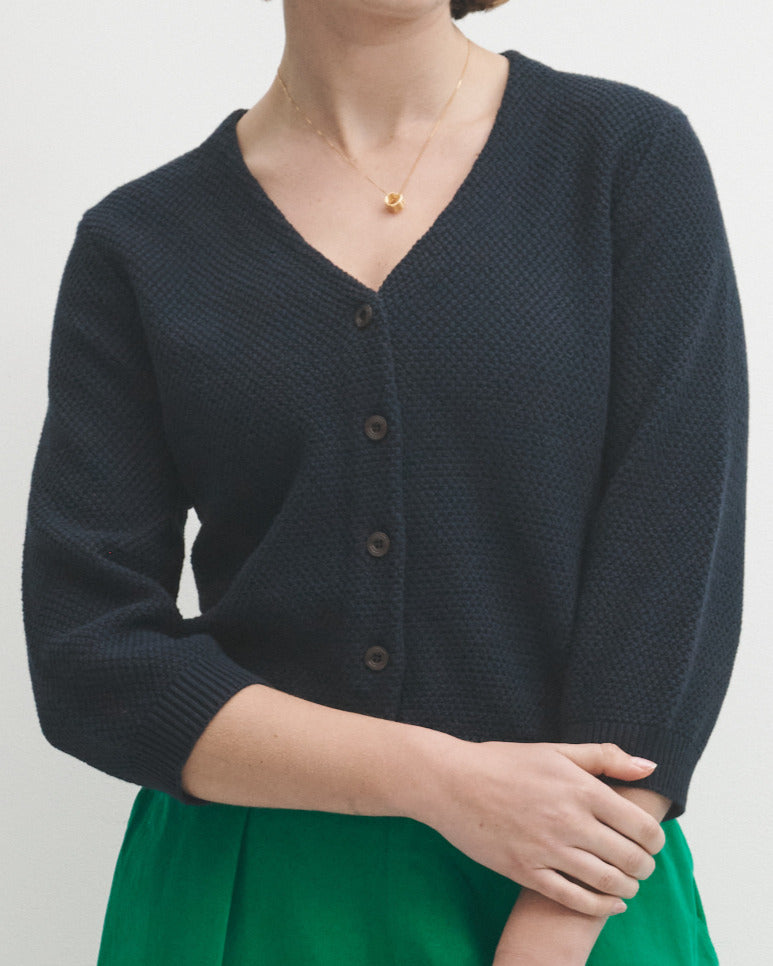 Lowie Navy Cotton Waffle Knit Cardigan