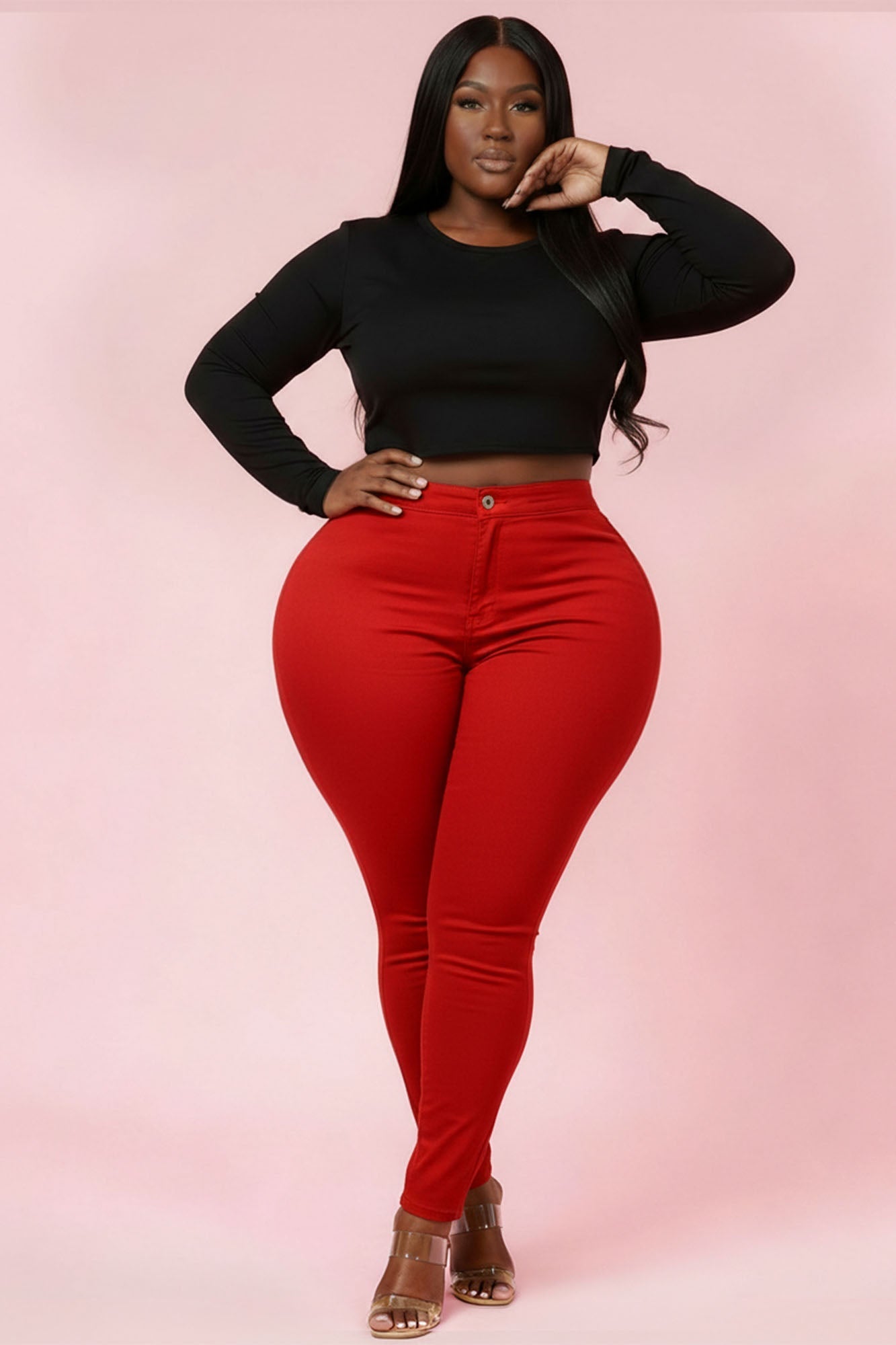 Super Swank High Waist Stretchy Jeans - Red