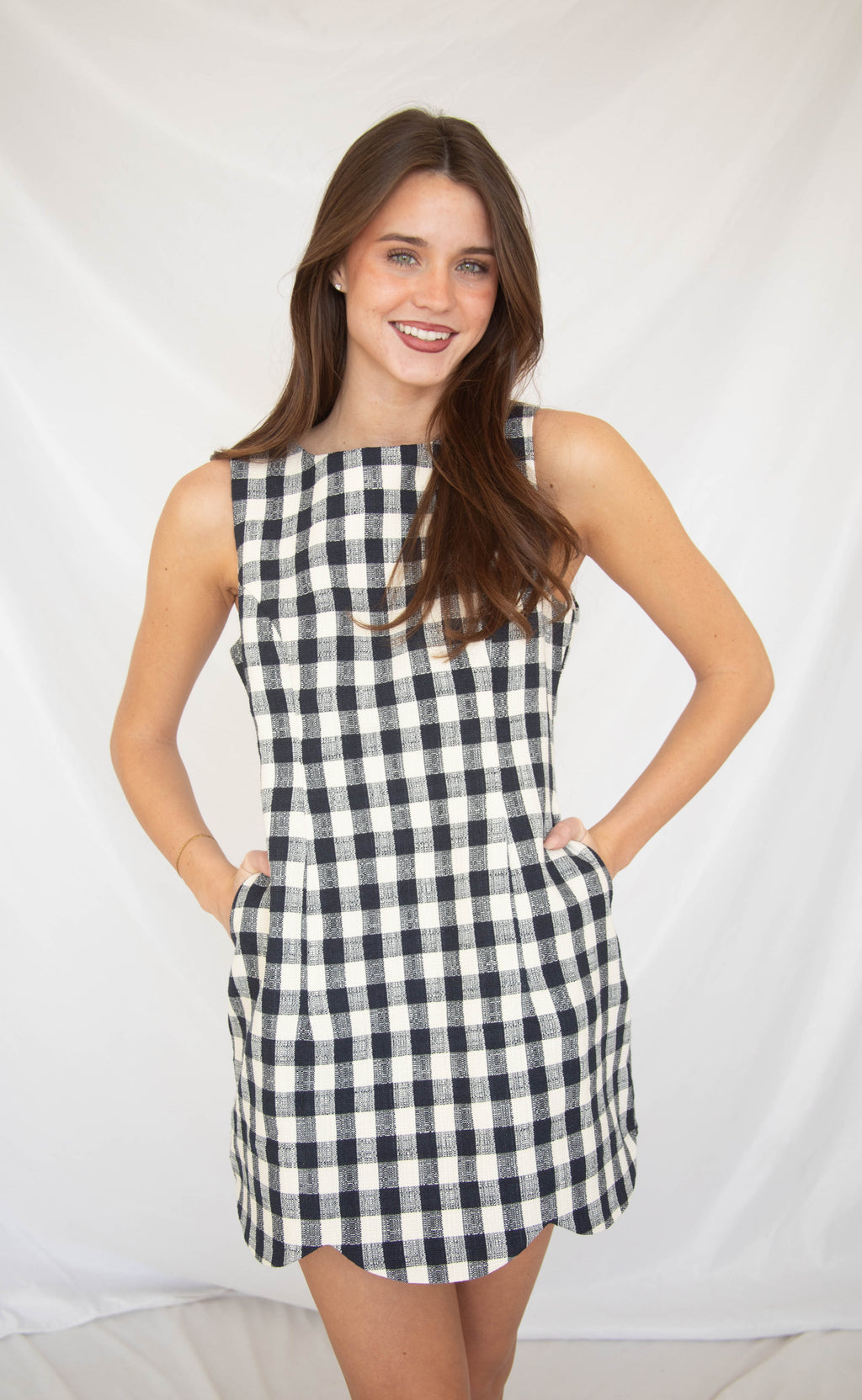 heritage gingham scallop hem mini dress - navy