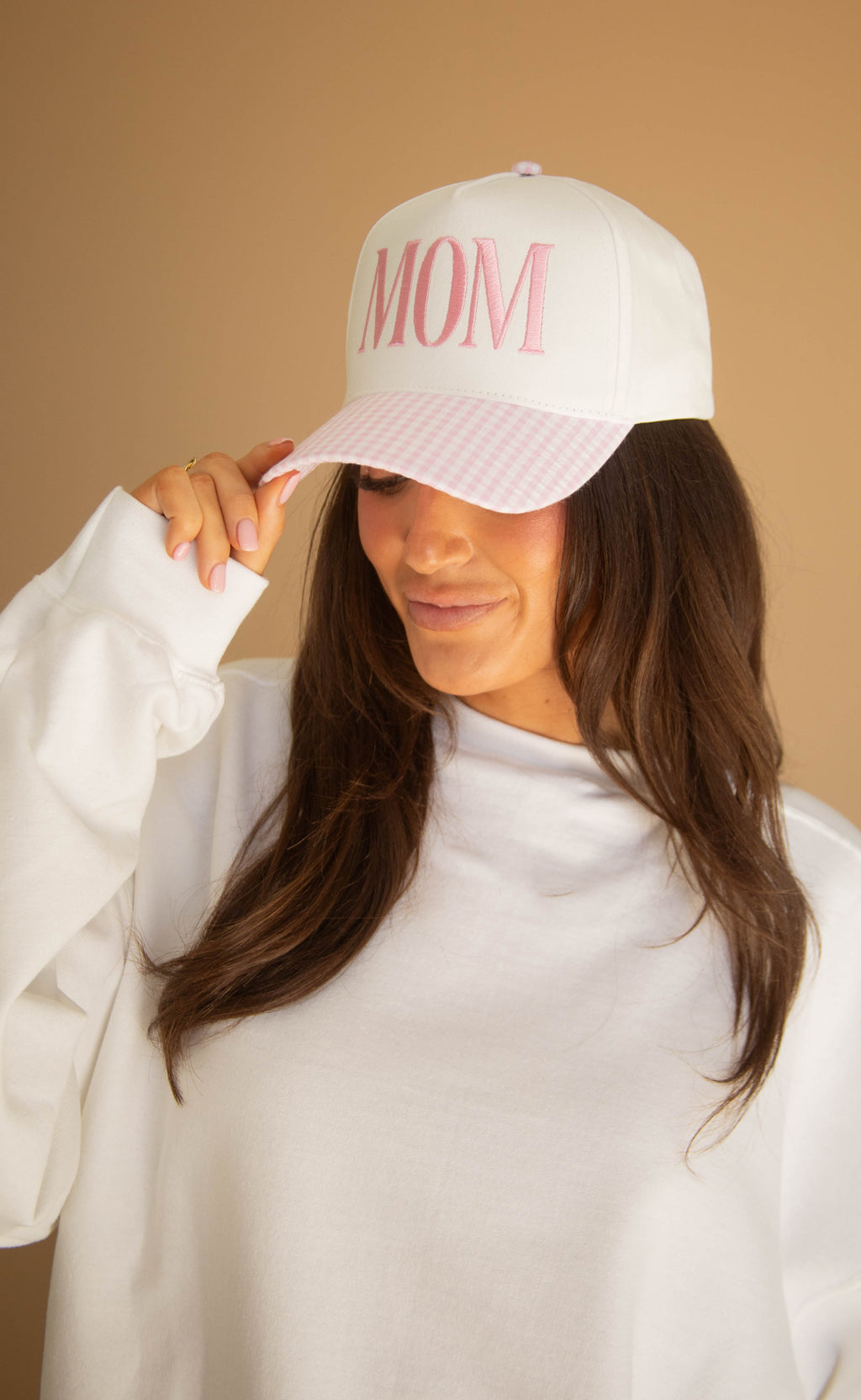 friday + saturday: mom gingham trucker - pink