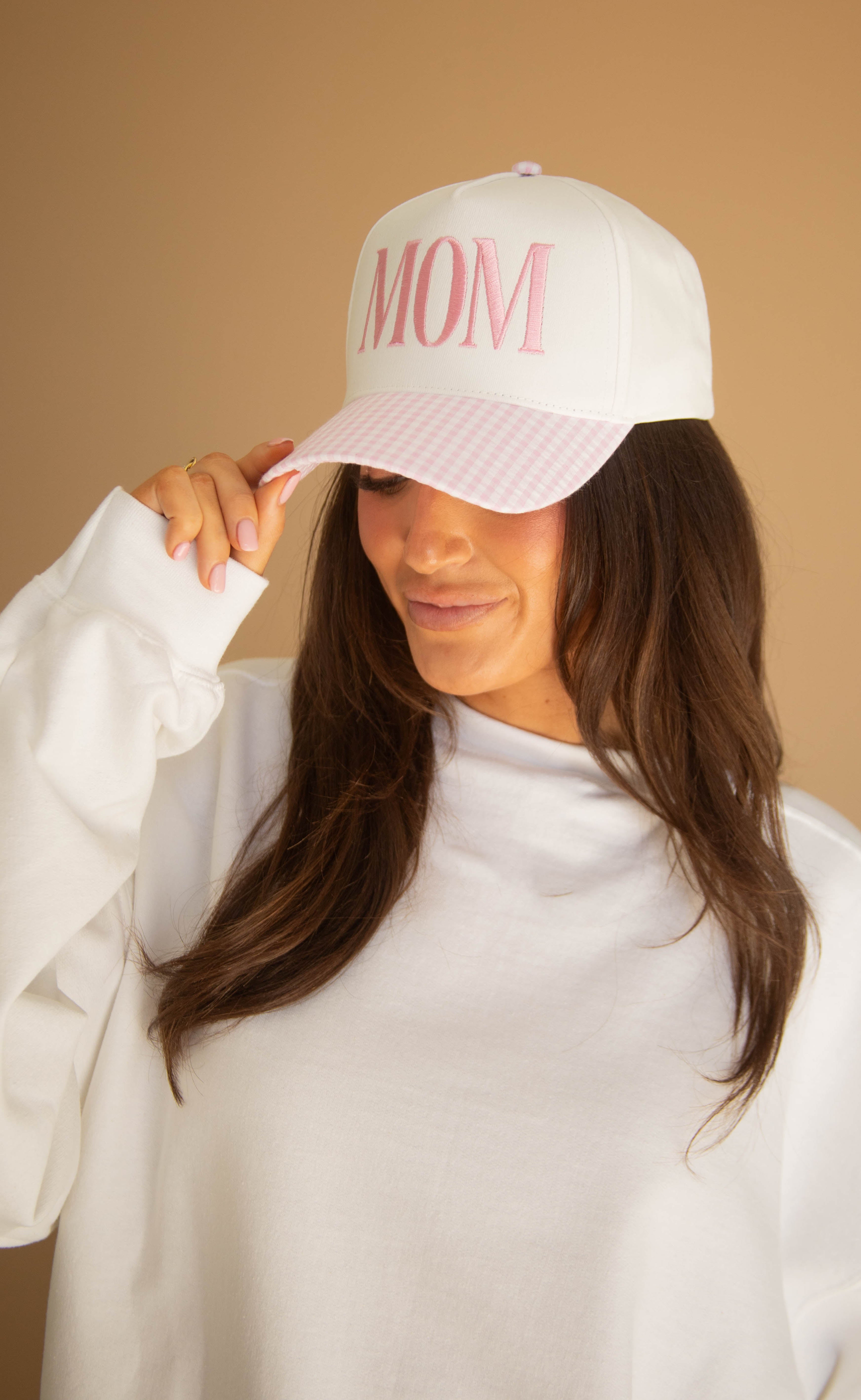 friday + saturday: mom gingham trucker - pink