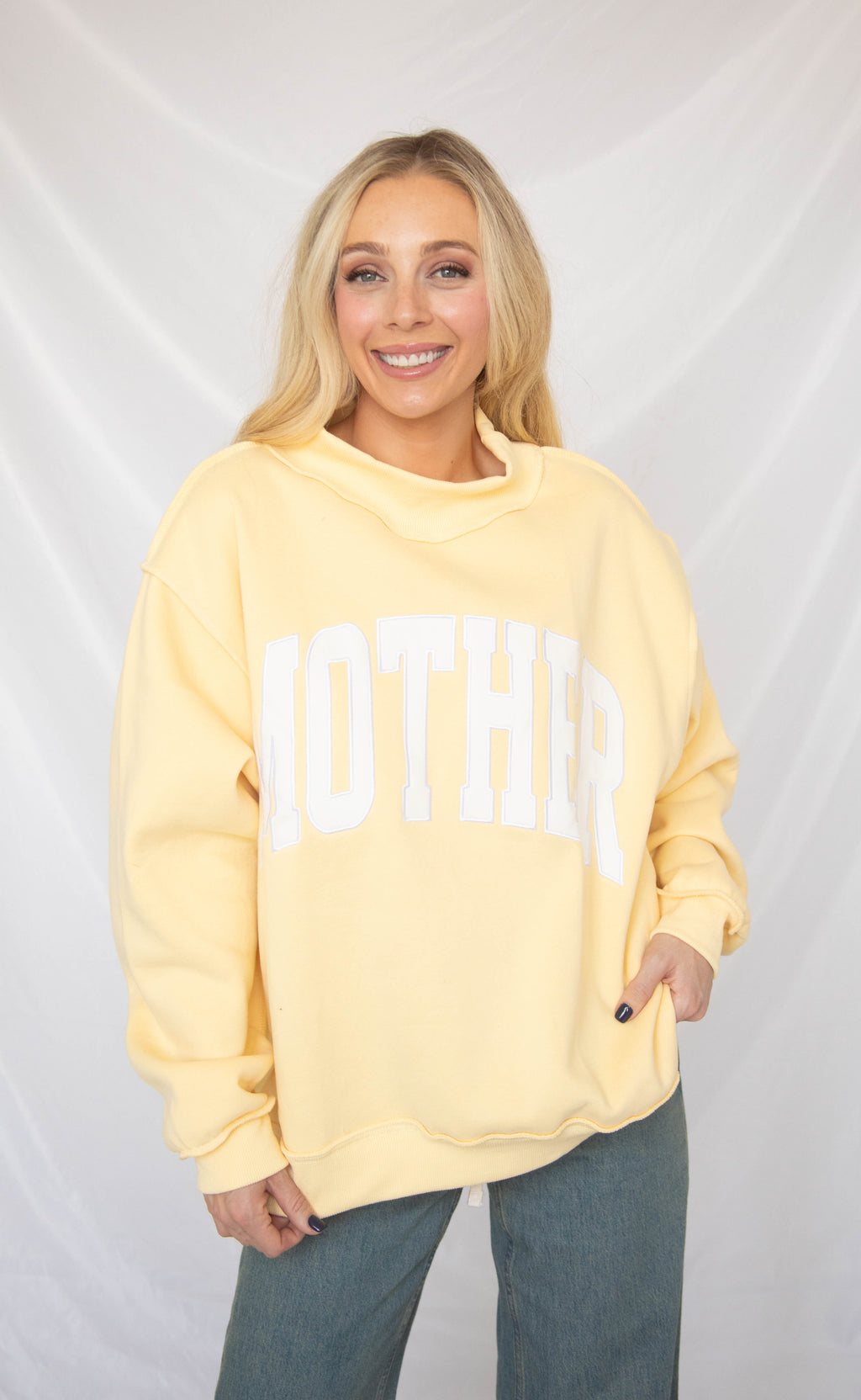 mother embroidered mock neck sweatshirt - butter yellow