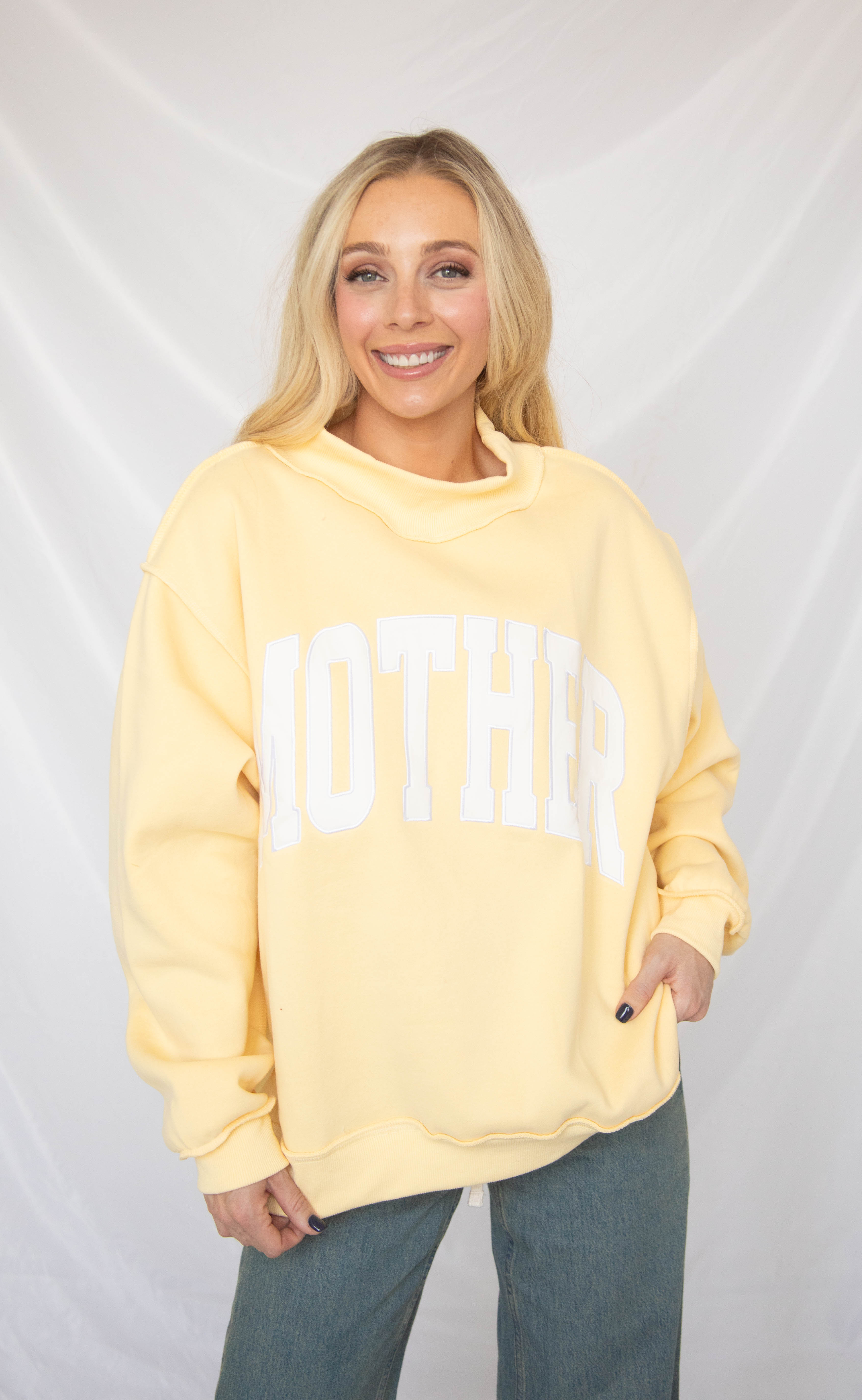 mother embroidered mock neck sweatshirt - butter yellow