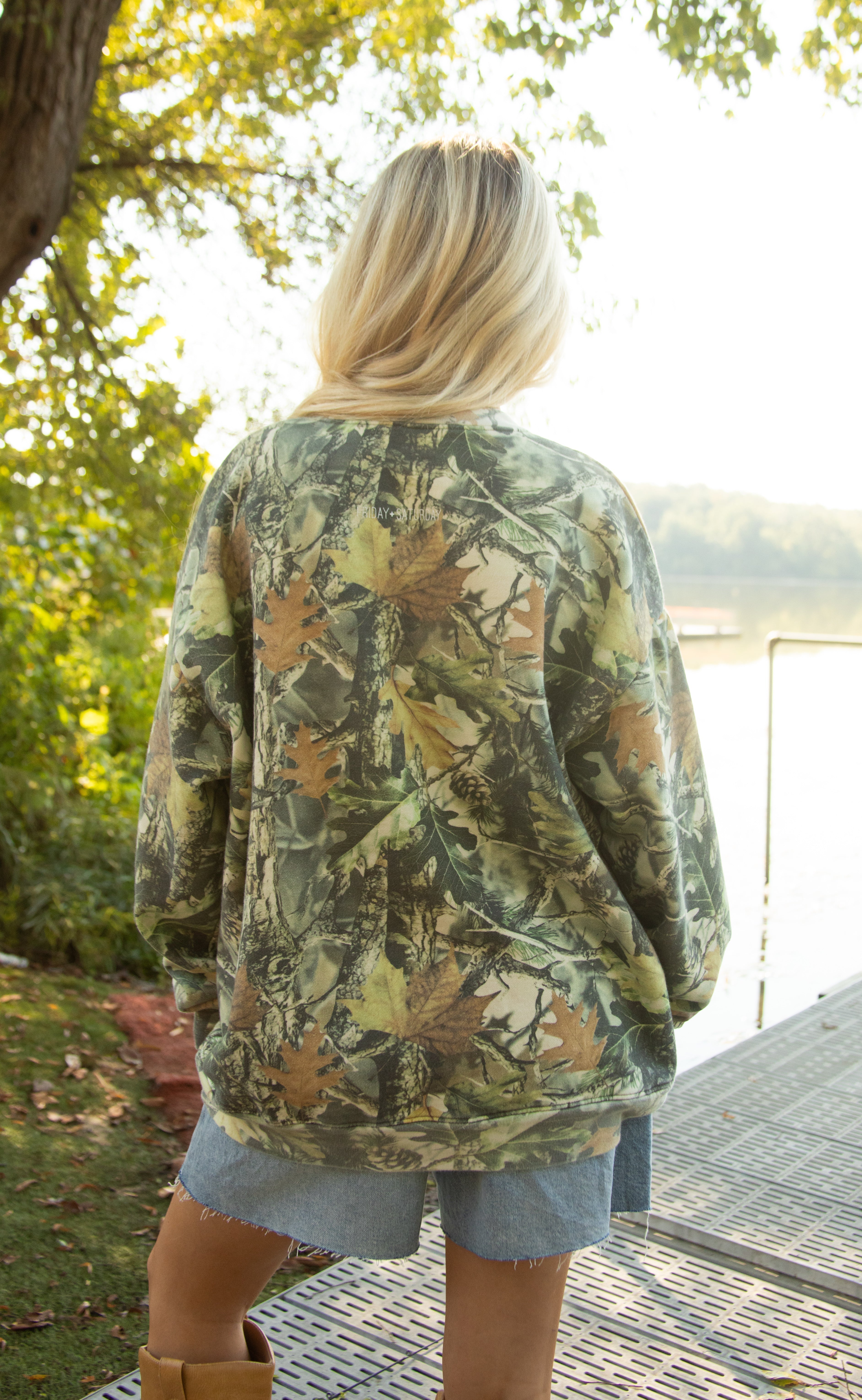 friday + saturday: keep moving forward camo sweatshirt