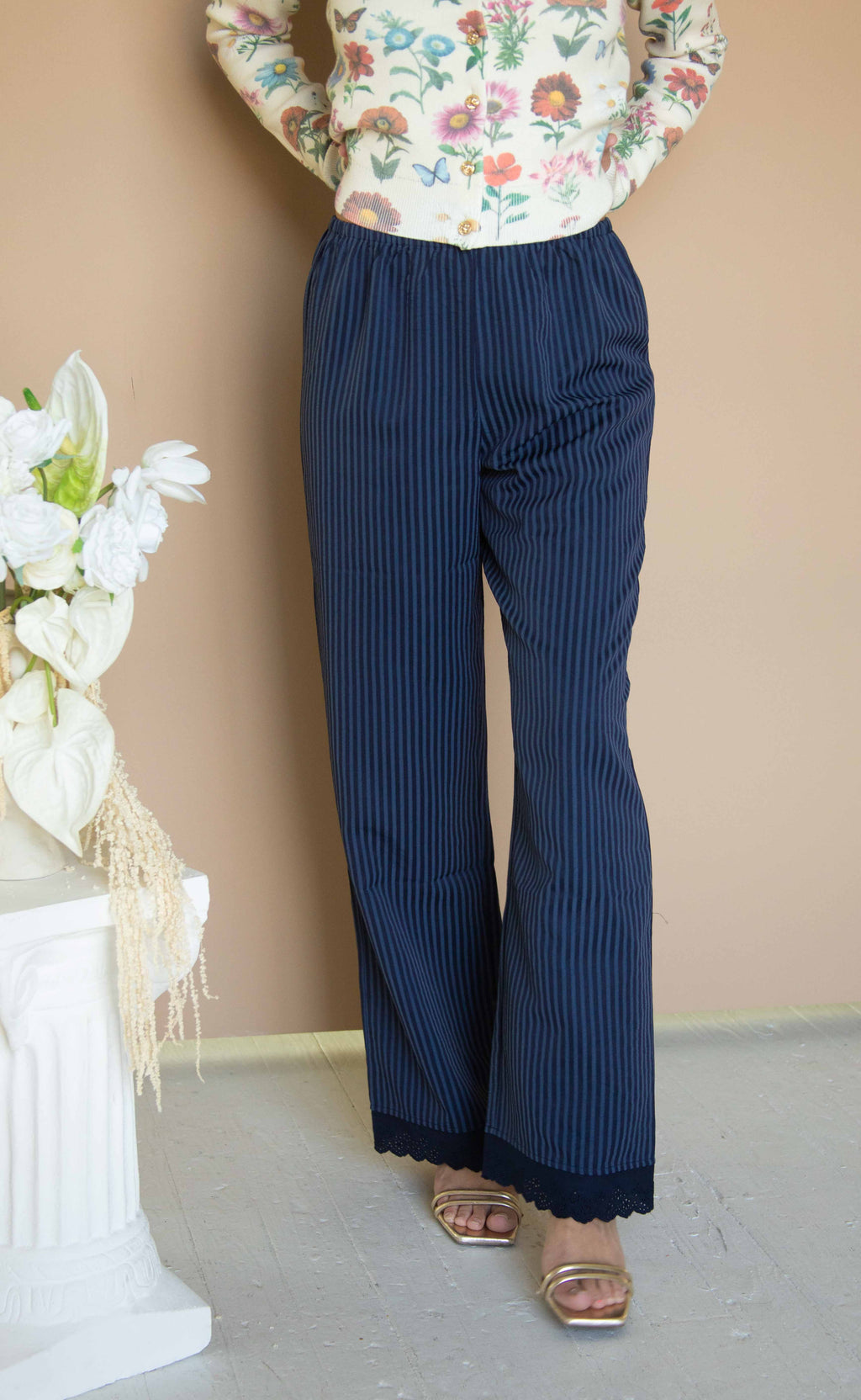 deep blue striped lace scalloped pants