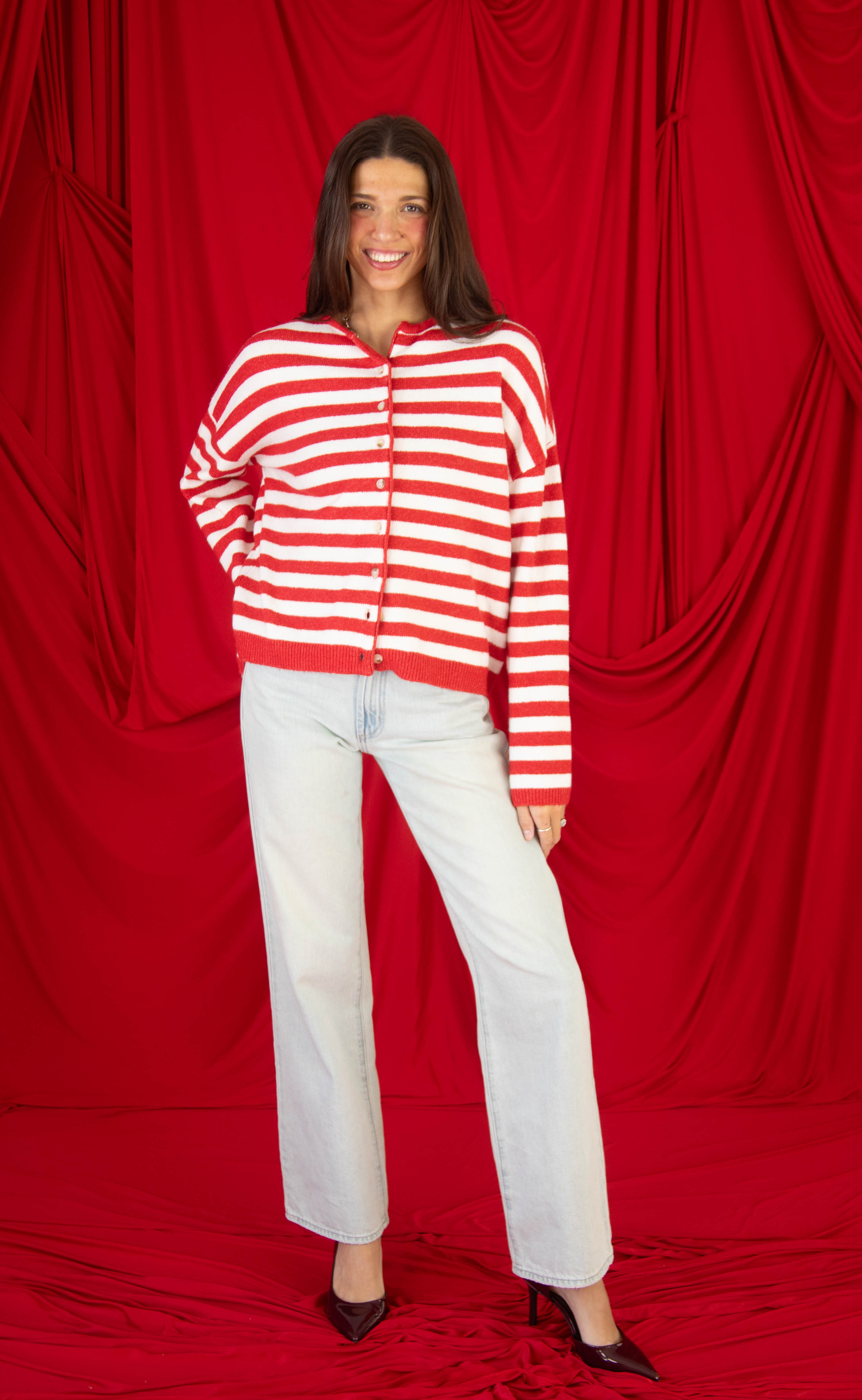 not a fool striped cardigan - red