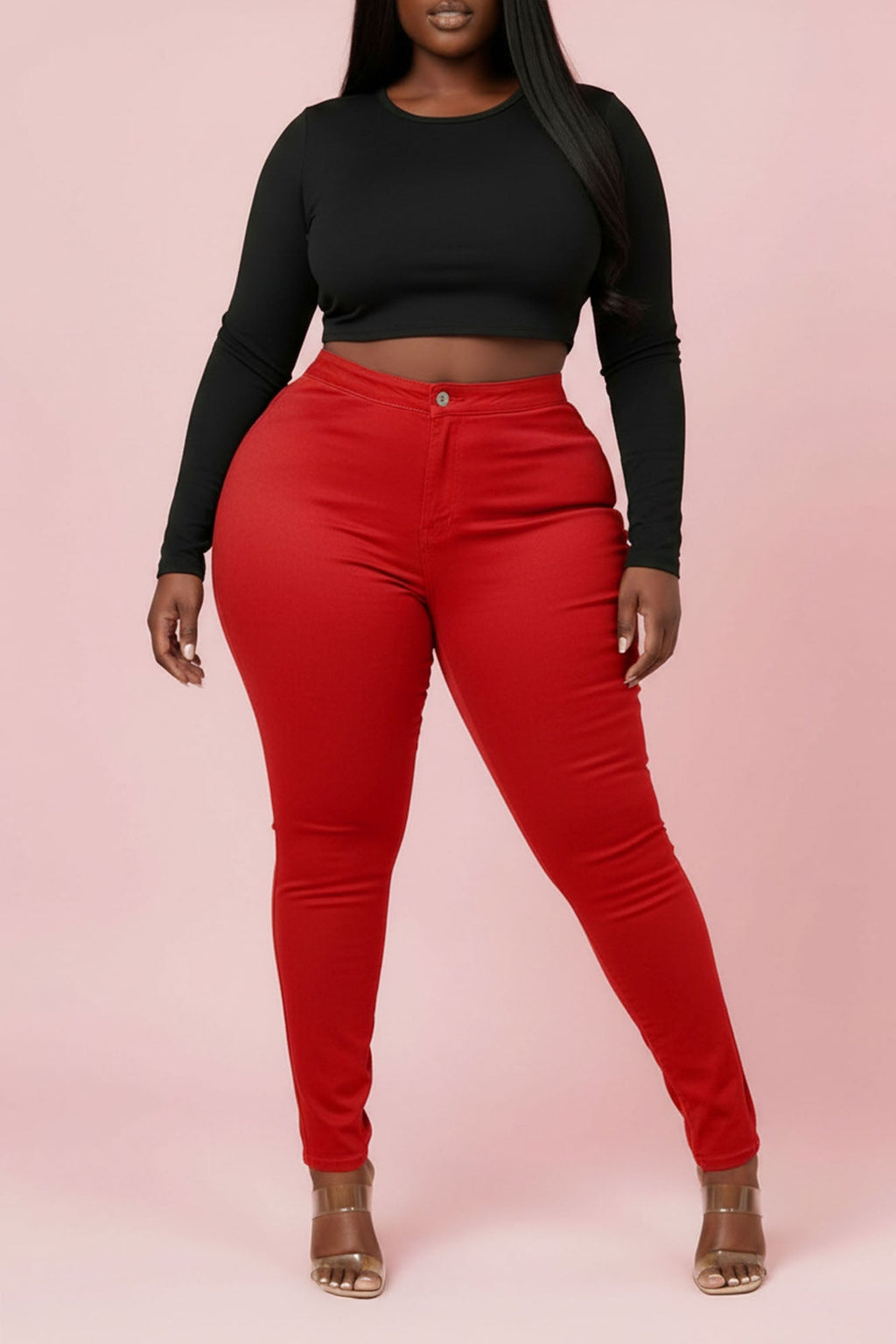 Super Swank High Waist Stretchy Jeans - Red