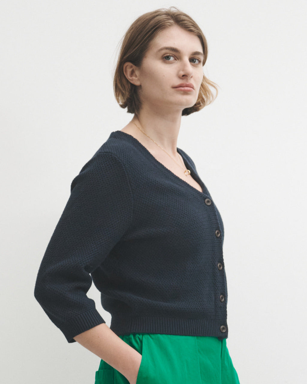 Lowie Navy Cotton Waffle Knit Cardigan