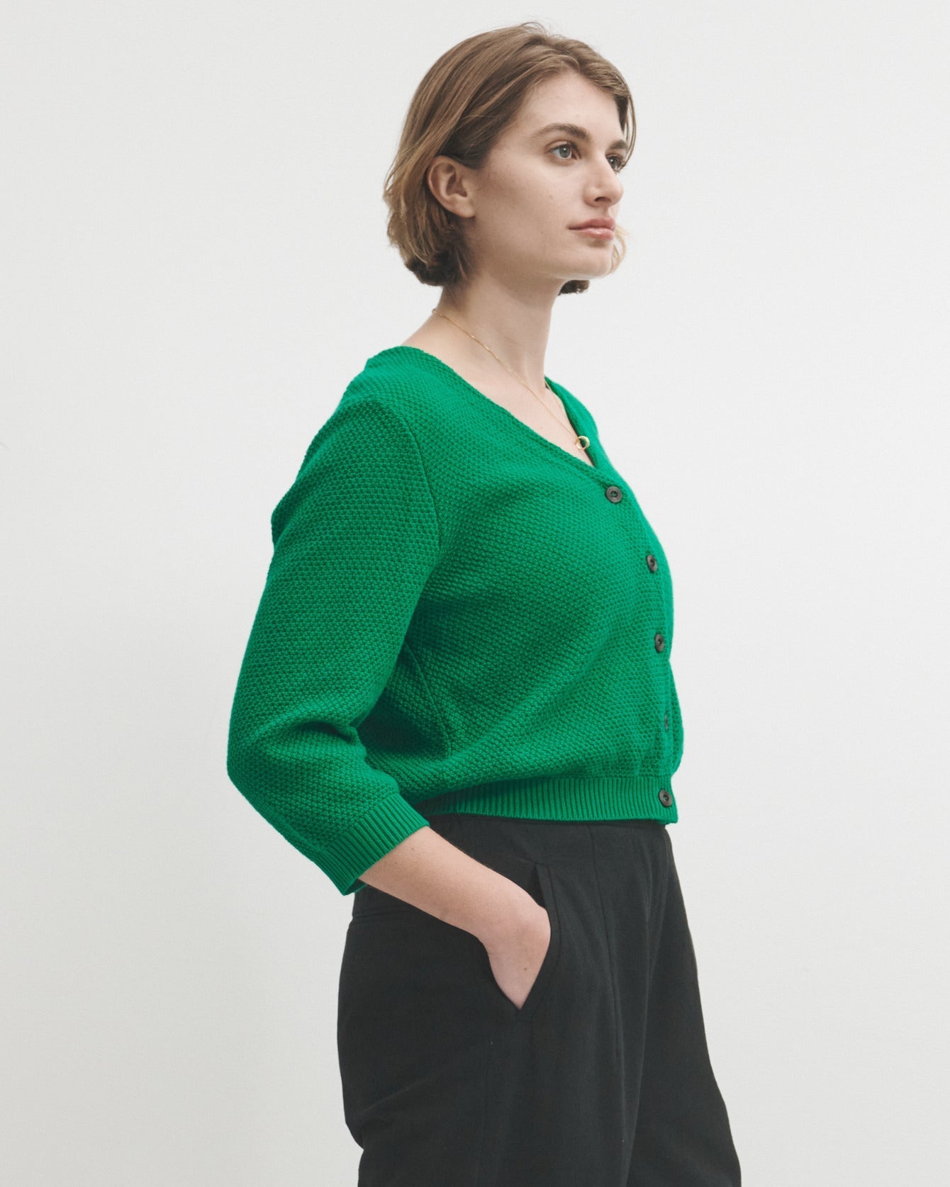 Lowie Green Cotton Waffle Knit Cardigan