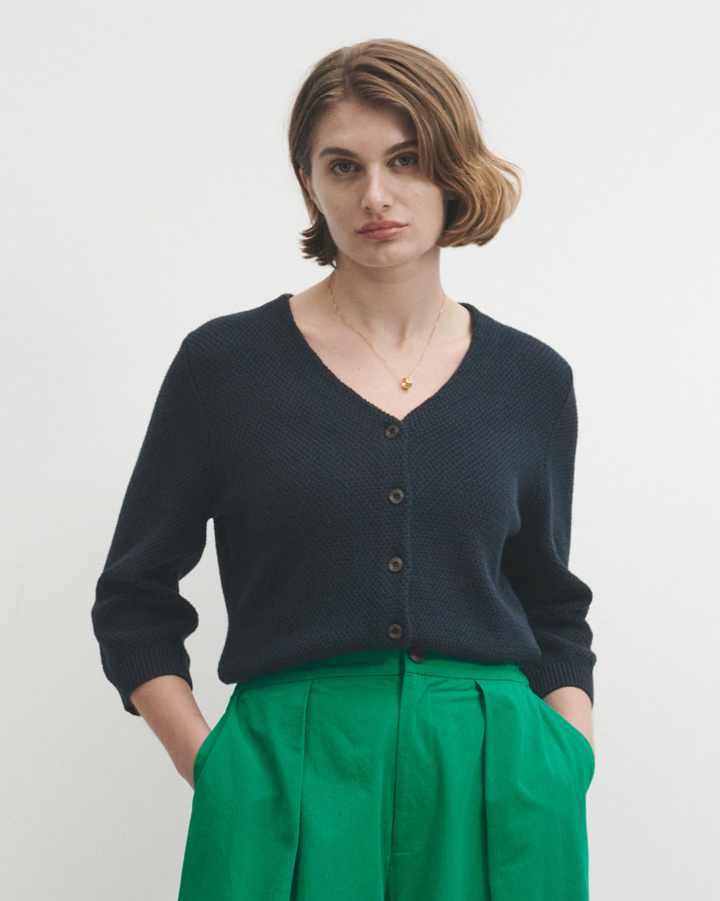 Lowie Navy Cotton Waffle Knit Cardigan