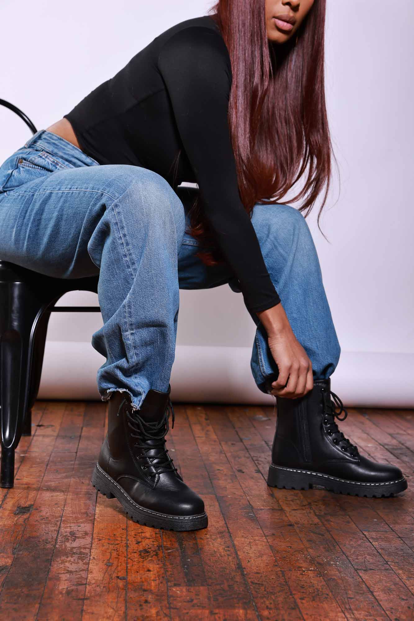 Ran Out Faux Leather Combat Boot - Black