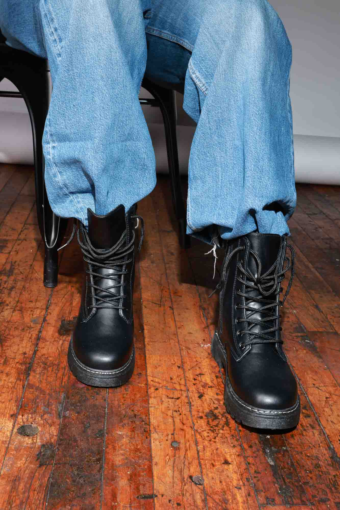Ran Out Faux Leather Combat Boot - Black