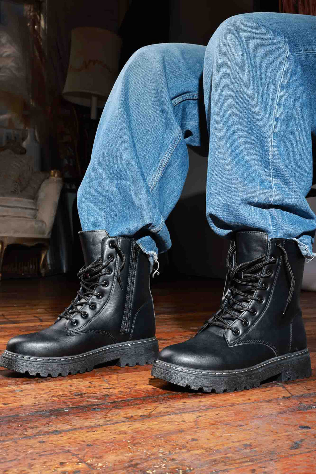 Ran Out Faux Leather Combat Boot - Black