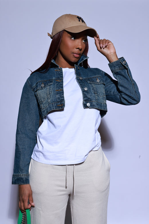 True To It Cropped Denim Jacket - Dark Wash