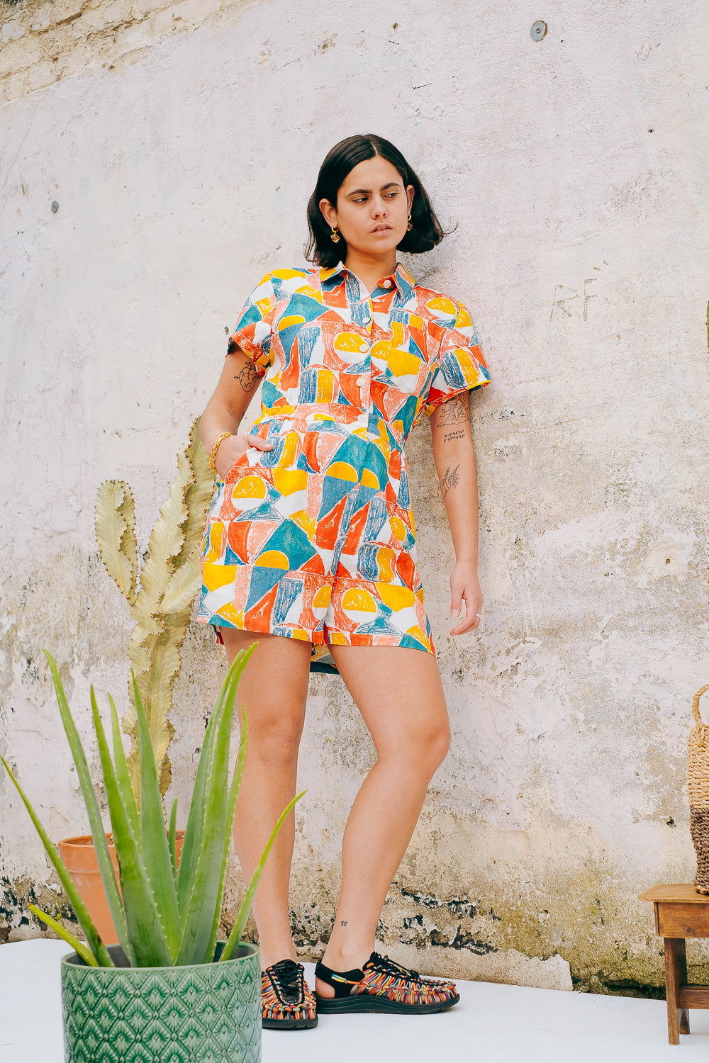 Lowie Margot Print Linen Playsuit