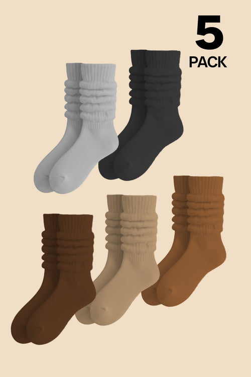 5 Pack Slouchy Socks Bundle -  Tan/Mocha/Brown/Heather Grey/Dark Grey