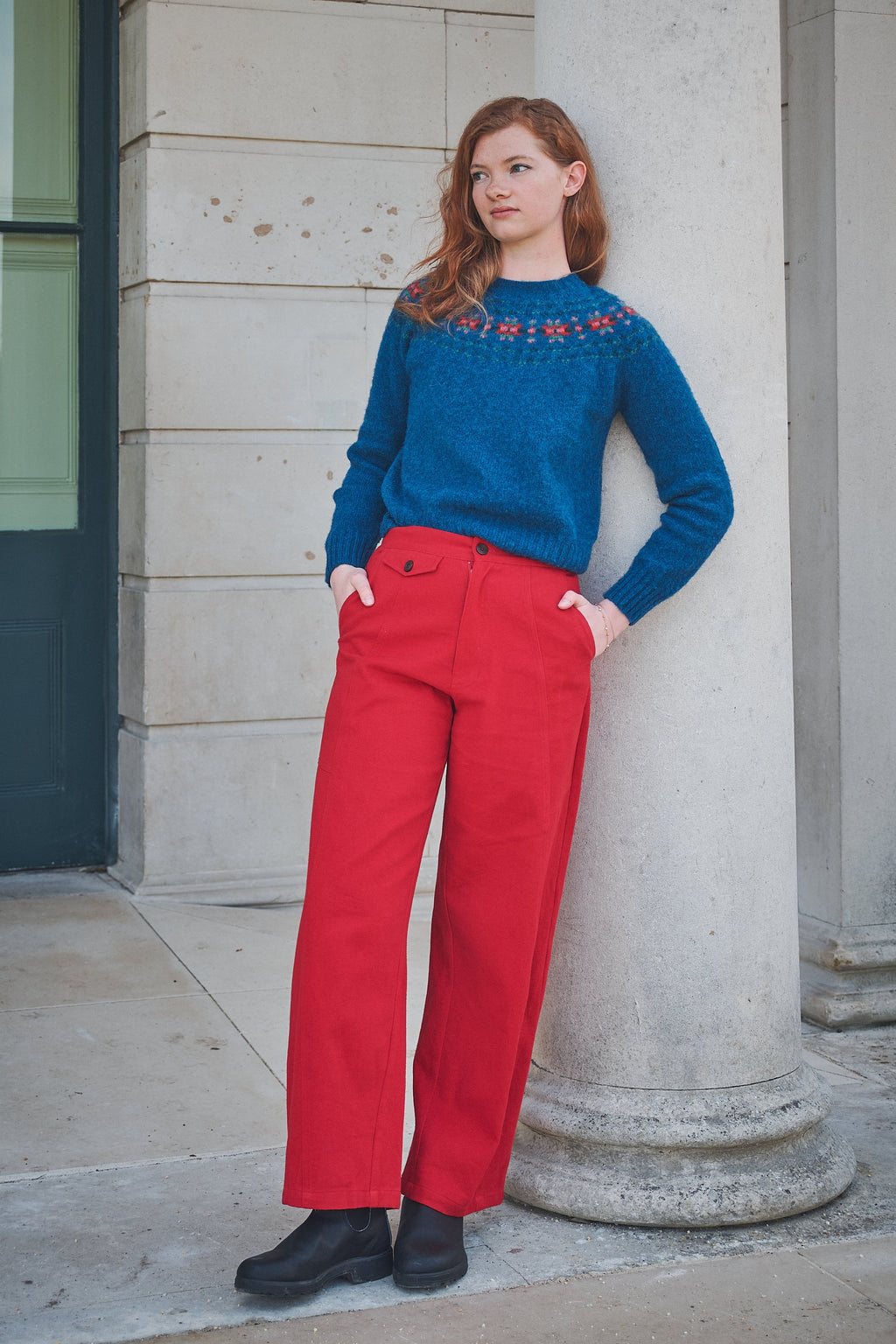 Lowie Red Cotton Drill Panelled Trouser
